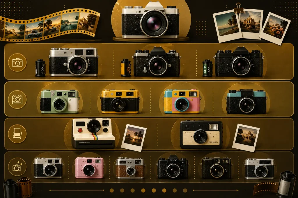OldRoll Mod APK all cameras unlocked featuring a complete collection of vintage film cameras, Polaroid cameras, toy cameras, and retro analog camera styles.