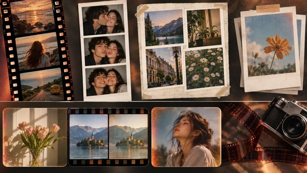 OldRoll templates and filters collage featuring film strip layouts, Polaroid frames, scrapbook designs, and vintage analog camera effects for aesthetic photo editing.
