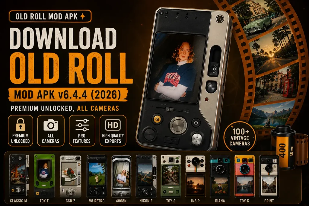 Download 2 Old Roll Mod APK download banner showing premium unlocked features, all cameras unlocked, retro film camera interface, vintage filters, and complete camera collection for Android.