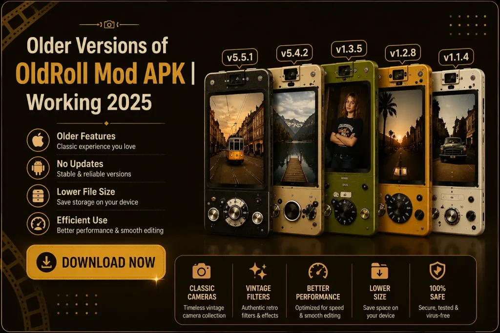 Old Versions 1 Old Roll Mod APK older versions 2025 featuring classic cameras, vintage filters, lower file size, and better performance.