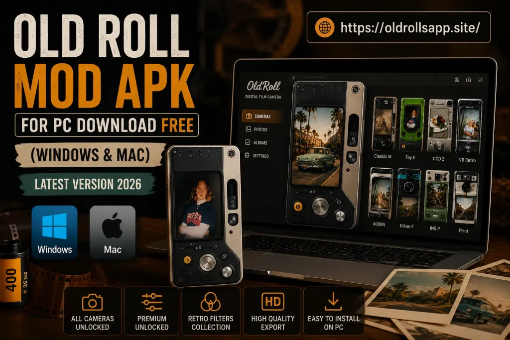 For PC 1 Old Roll Mod APK for PC download free on Windows and Mac featuring premium unlocked, all cameras unlocked, retro filters, and the latest 2026 version.